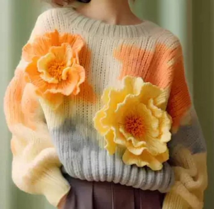 Невероятные идеи для вязания свитеров с объемными цветами