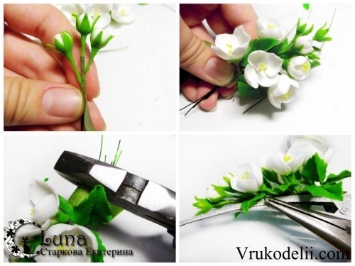 Заколка "Ветка жасмина" из полимерной глины