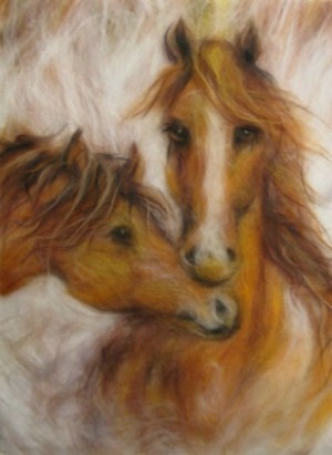Картина шерстью "Влюбленные лошади"