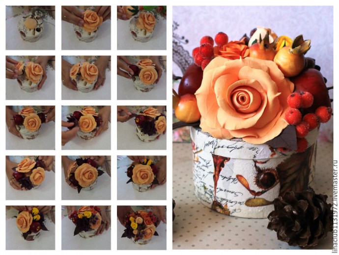 ​Шкатулка с букетом цветов из полимерной глины в осенних тонах