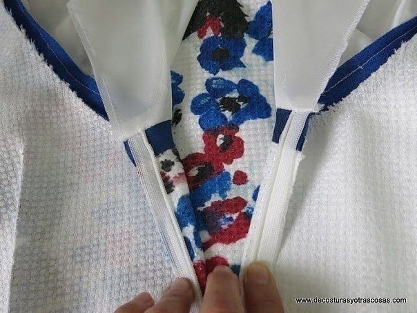 Обработка края потайной молнии при окантовывании горловины или проймы косой бейкой