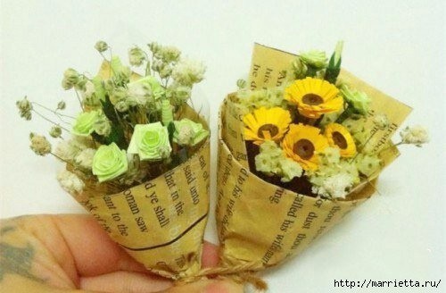 Миниатюрные букетики цветов из бумаги