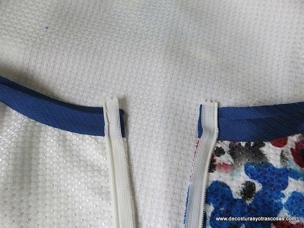 Обработка края потайной молнии при окантовывании горловины или проймы косой бейкой