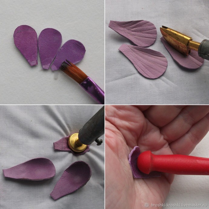 Кожаная брошь с крокусами