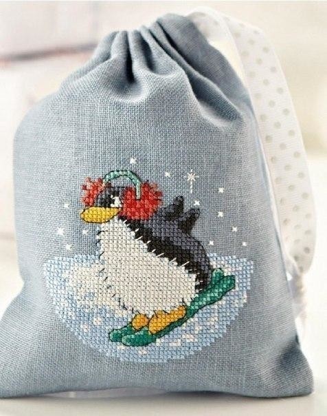 Вышивка пингвинов для подарочных мешочков и открыток