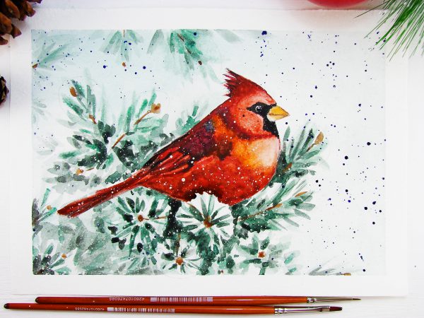 Птица кардинал акварелью