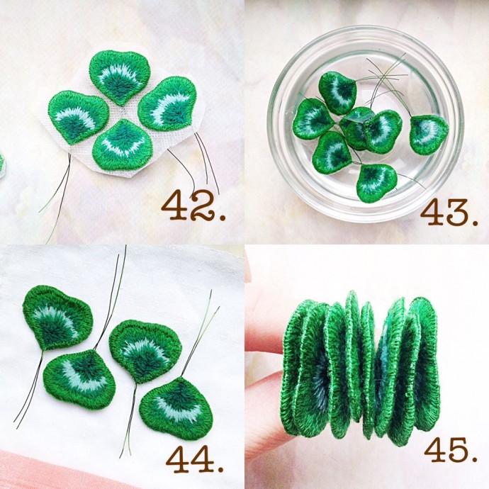 Брошь "Клевер на удачу" в технике stumpwork