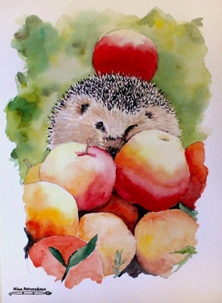 Рисуем ёжика с яблоками
