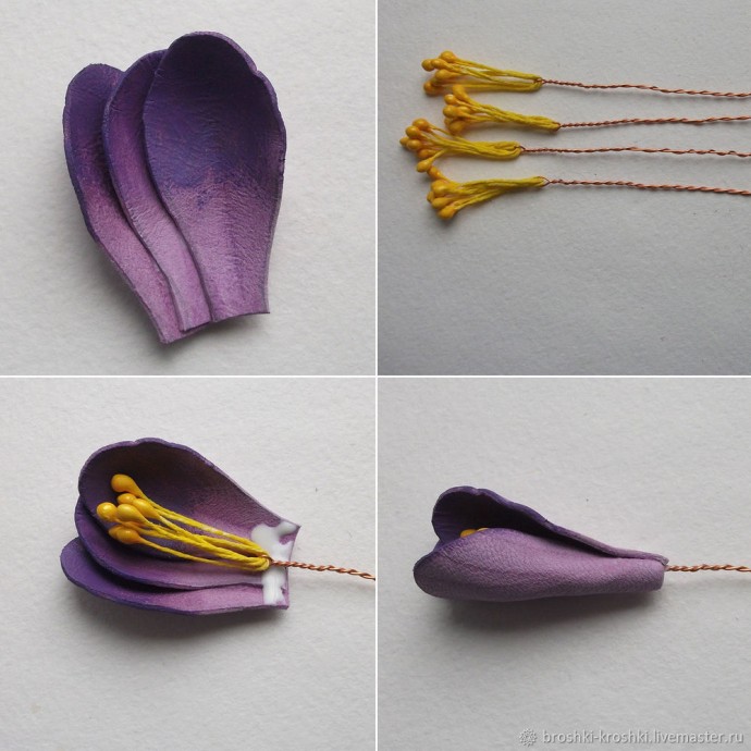 Кожаная брошь с крокусами