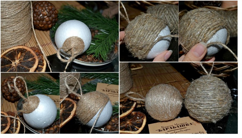 Декор новогодних шариков из шпагата