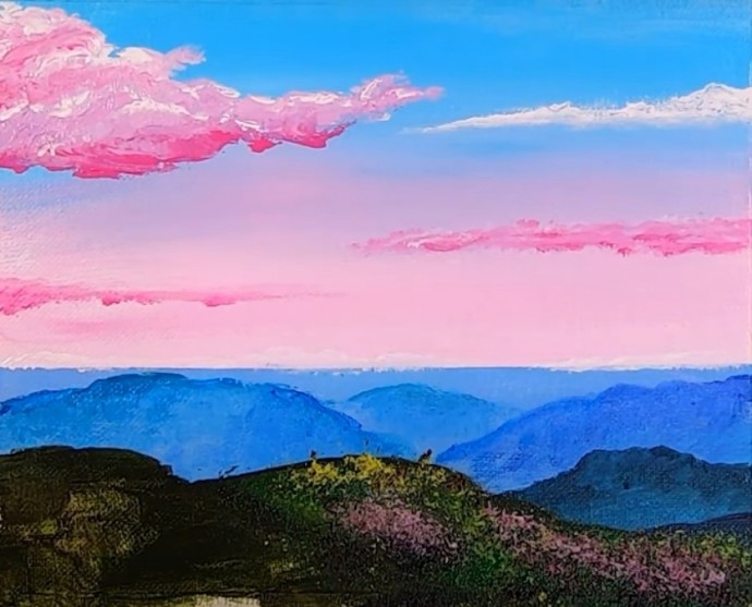 Рисуем пейзаж с розовыми облаками
