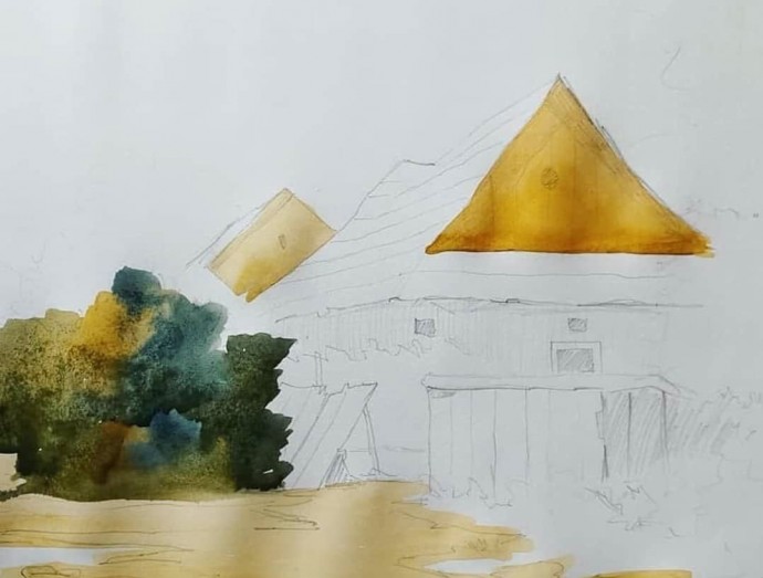 ​Урок рисования акварелью: пейзаж с домом