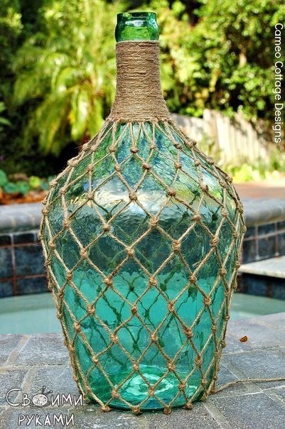 ​Декорирование бутылки веревкой в морском стиле
