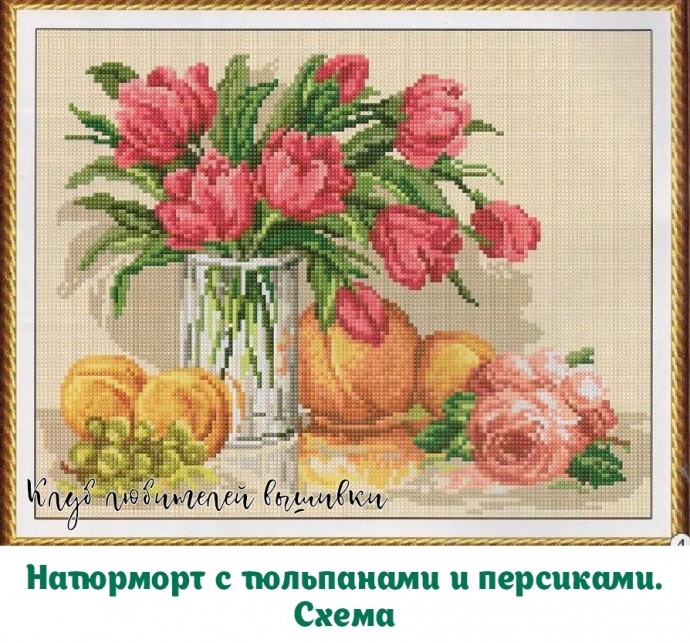 Натюрморт с тюльпанами и персиками