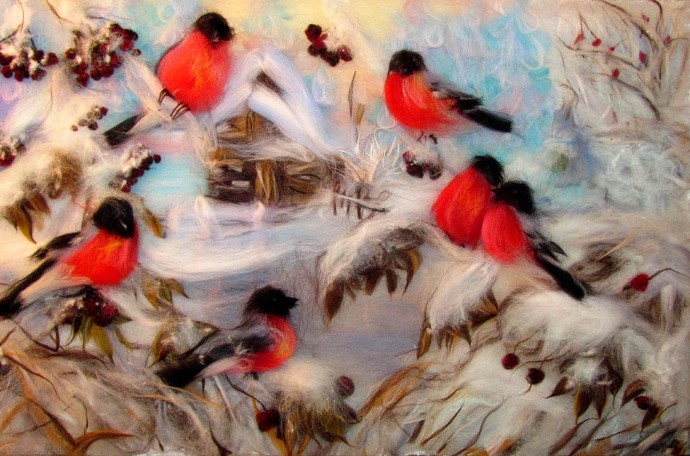 Снегири в технике шерстяной акварели: вдохновляющие идеи