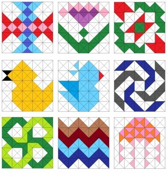 Образцы лоскутных блоков с использованием квадратов и треугольников