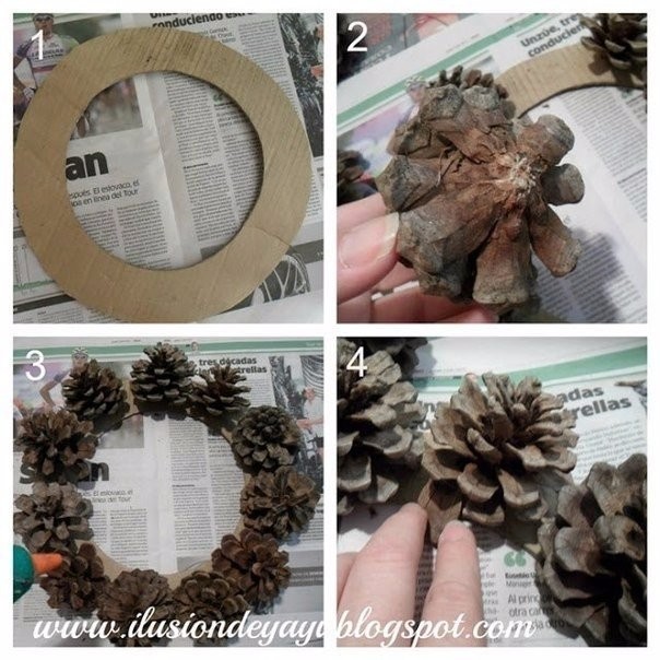 Веночек из шишек со снегирем