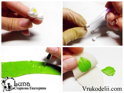 Заколка "Ветка жасмина" из полимерной глины