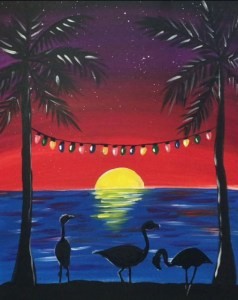 Рисуем море, пальмы и фламинго