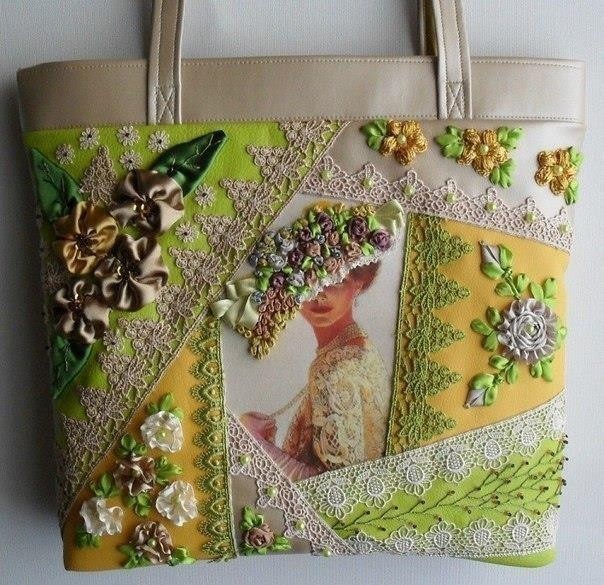 Украшение косметичек и сумок кружевами и цветами из атласных лент