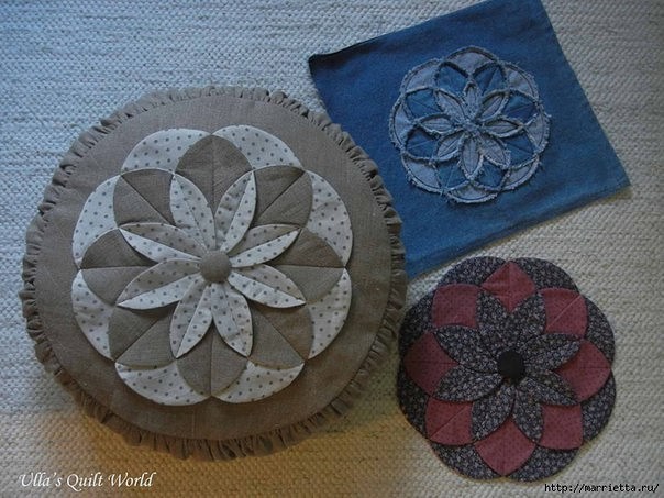 Подушка с цветком в технике лоскутного шитья