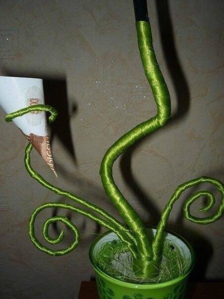 Топиарий из сизаля и купюр «цветы-кусудама»