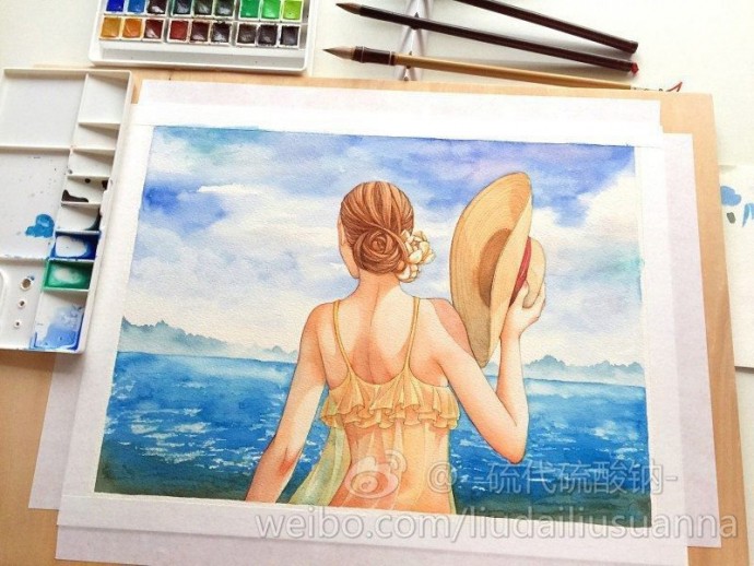 Урок рисования акварелью: девушка со шляпой у кромки моря