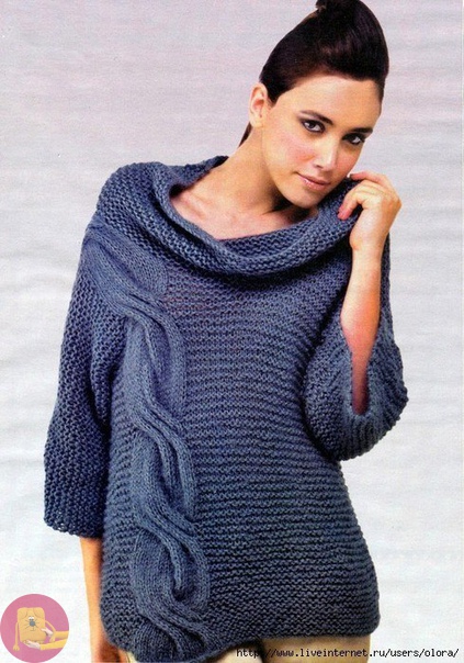 Асимметричный пуловер с крупной косой