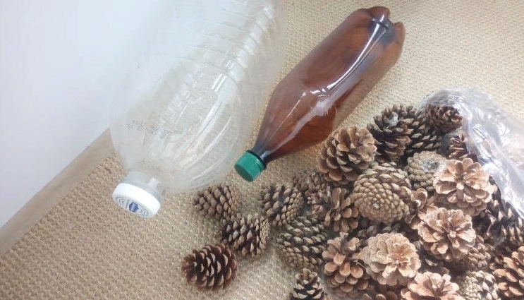 Ёжик из шишек и пластиковой бутылки