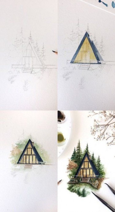 Рисуем домик среди елок