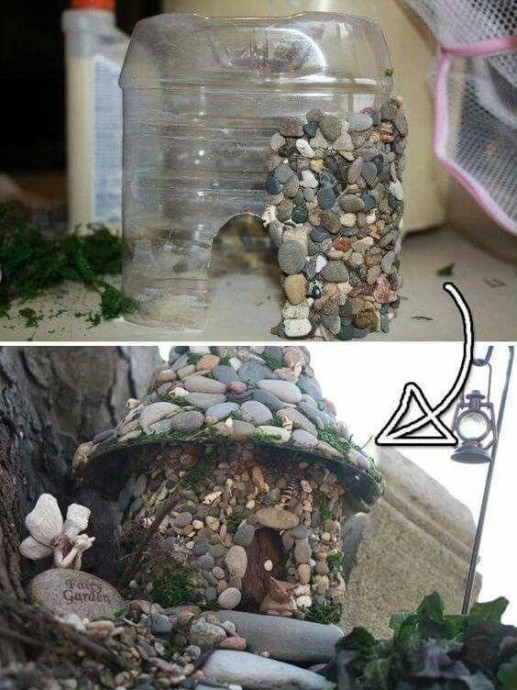 Оригинальная идея для декора сада: замки из пластиковых бутылок и камней