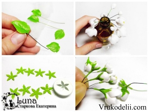 Заколка "Ветка жасмина" из полимерной глины