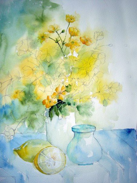 Цветы и лимоны акварелью