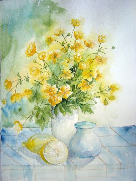 Цветы и лимоны акварелью