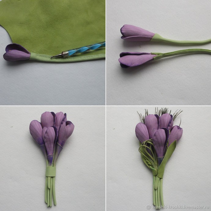 Кожаная брошь с крокусами