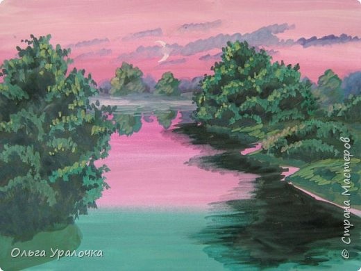 ​Рисуем пейзаж в розово-зеленых тонах