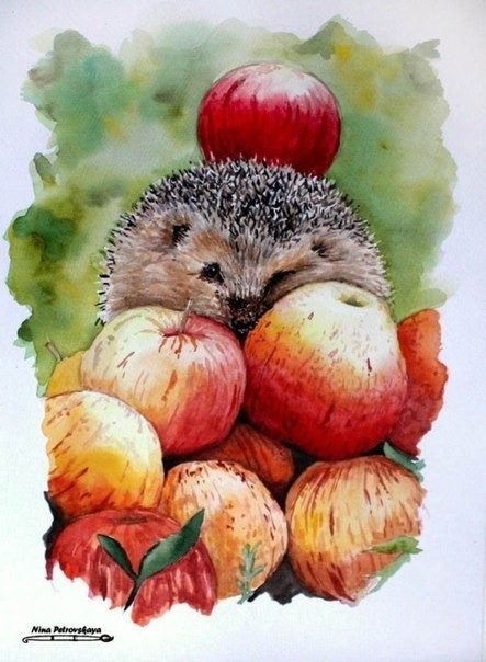 Рисуем ёжика с яблоками