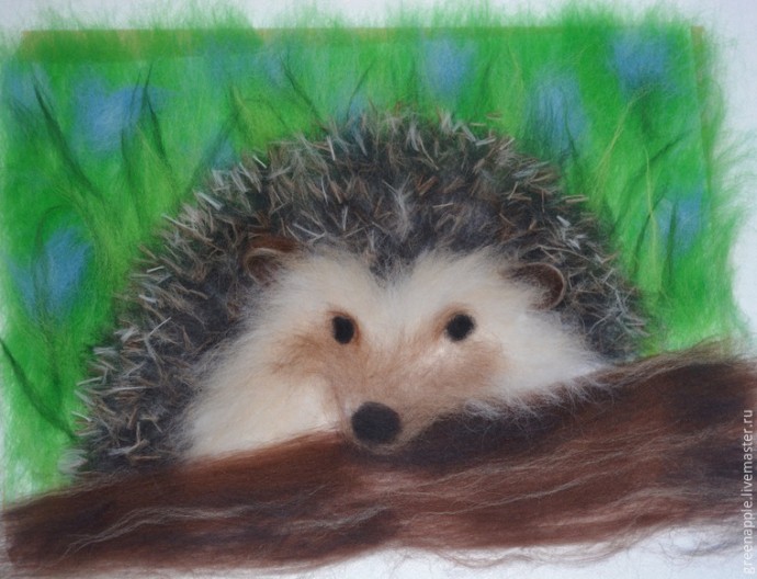 ​Живопись шерстью "Ёжик с бревном"