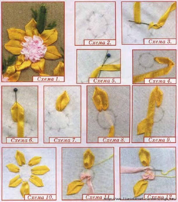Техника вышивки чудесных цветочков ленточками