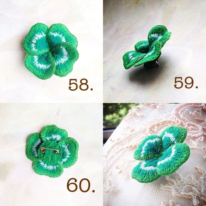 Брошь "Клевер на удачу" в технике stumpwork