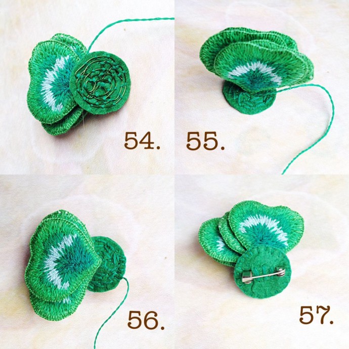 Брошь "Клевер на удачу" в технике stumpwork