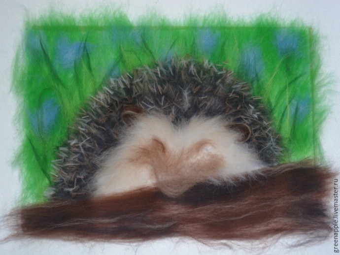 ​Живопись шерстью "Ёжик с бревном"