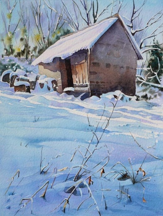 Рисуем зимний пейзаж акварелью