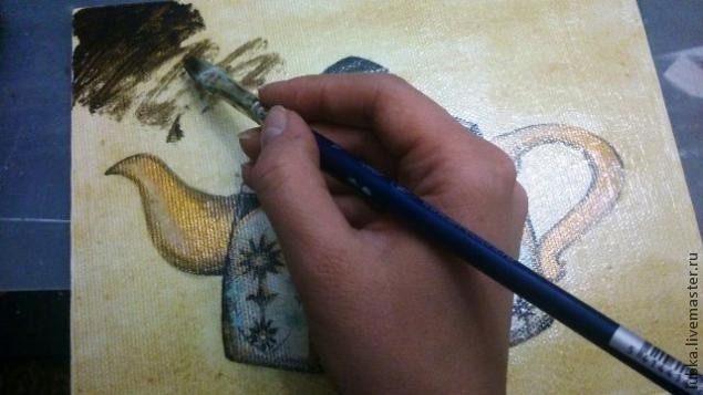 Рисование и состаривание чайника на холсте