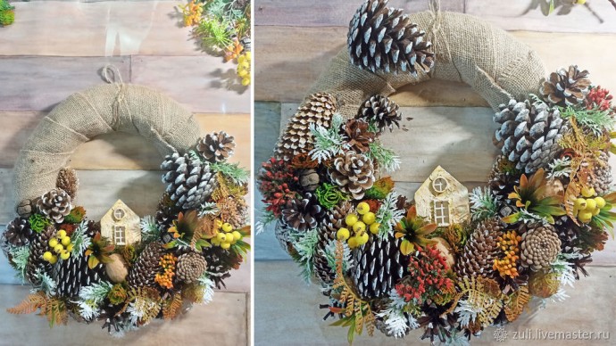 Рождественский венок с шишками и домиком: часть 4