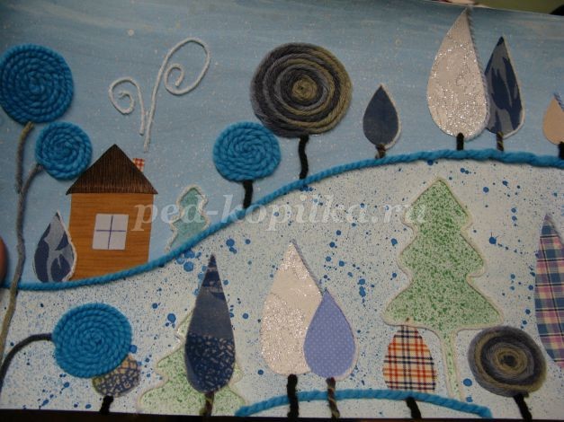 Коллаж из пряжи и ткани на тему "Зима": часть 2 Коллаж из пряжи и ткани на тему "Зима": часть 2