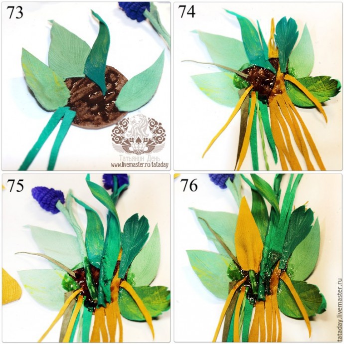 ​Делаем брошь из кожи "Прекрасный букет" с нарциссом и гиацинтом: часть 3