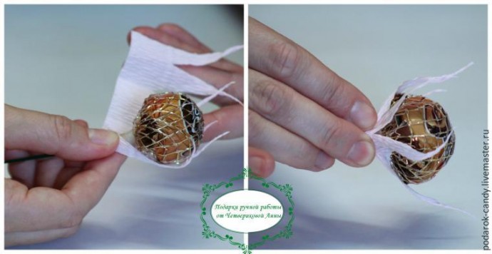 Делаем распушившийся пион из гофрированной бумаги и конфеты: часть 3 Делаем распушившийся пион из гофрированной бумаги и конфеты: часть 3