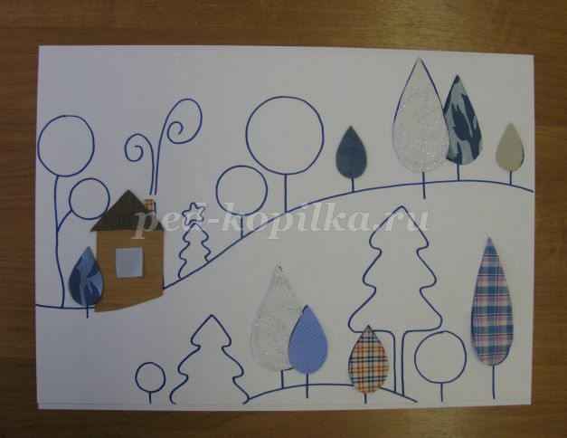 ​Коллаж из пряжи и ткани на тему "Зима": часть 1