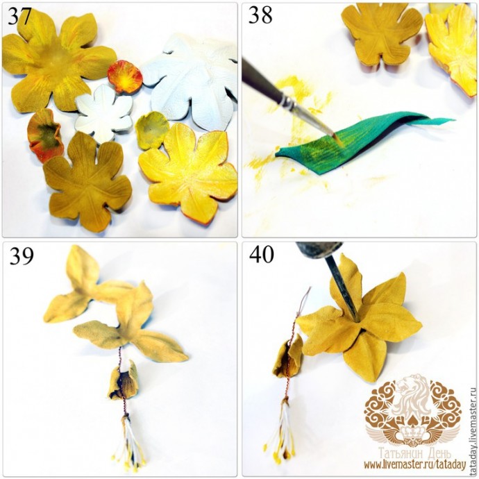 ​Делаем брошь из кожи "Прекрасный букет" с нарциссом и гиацинтом: часть 2